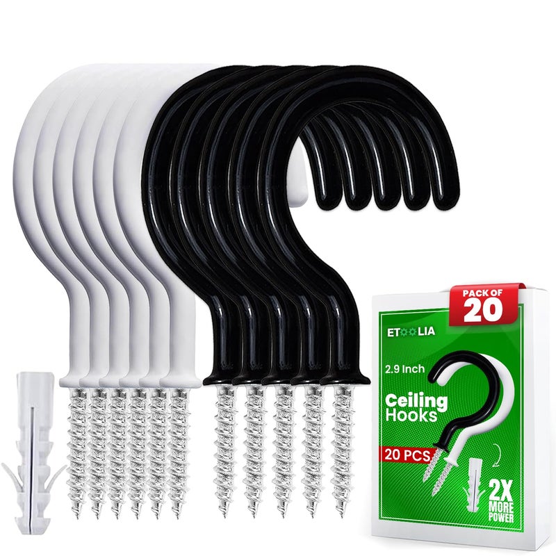 Etoolia 20 Pcs Ceiling Hooks for Hanging Plants - 2.9 inches Plant Heavy Duty  Hanging Hooks for Christmas Lights  Cups  Decors - White Vinyl Coated Screw in Plant Hanger Hook Indoor and Outdoor - Image 1